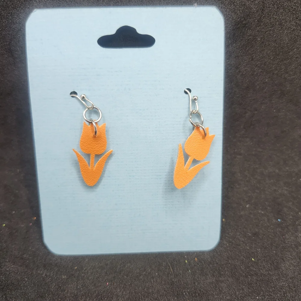 Hand Crafted Faux Leather Dangle Orange Tulip Earrings